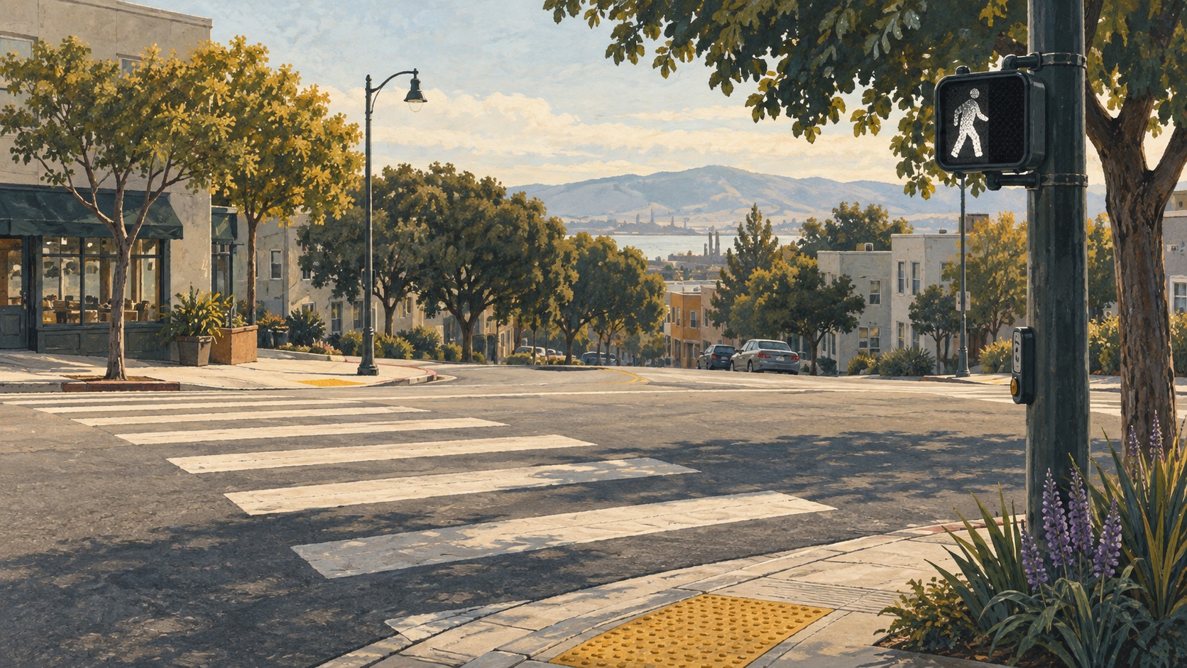 Illustration of a crosswalk and pedestrian signal on a tree-lined neighborhood street.